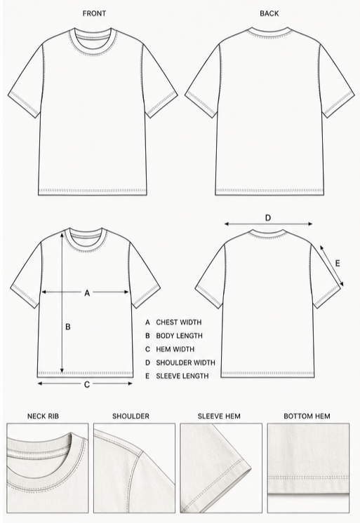 Basic tee front, back, and measurement pattern sheet