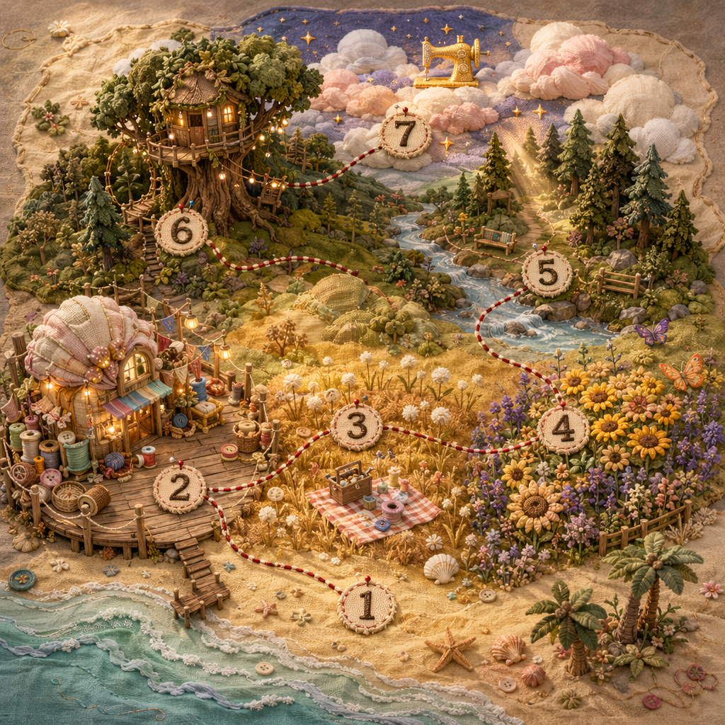 Bird's-eye handcrafted map showing seven numbered sewing journey destinations